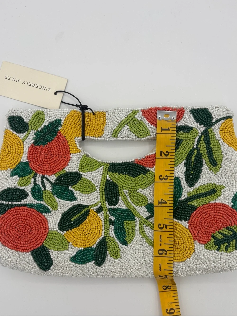 Sincerely Jules Citrus Fruit Beaded Clutch - White, Orange & Yellow